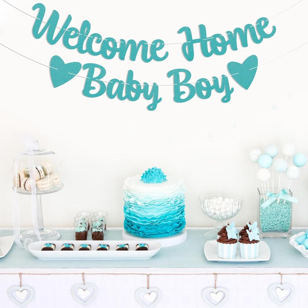 Welcome Home Baby Boy Banner - It's a Boy Baby Shower Decor, Little Sweet One Gender Reveal Baby Shower Decorations Blue Glitter