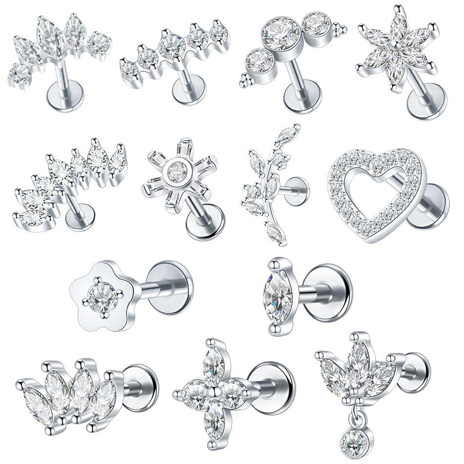 1/5PCS Steel 16G Cluster Marquise CZ Tragus Helix Stud Conch Lobe Rook Cartilage Leaf Flat Back Labret Stud Earrings Jewelry