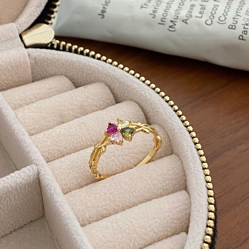 Elegant French Style Colorful Zirconia Double Layer Open Ring For Women Fashionable