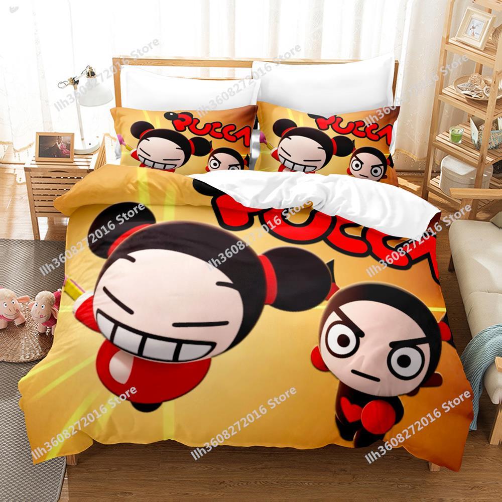 Kawaii Pucca Bedding Set Single Twin Full Queen King Size Bed Set Adult Kid Bedroom Duvetcover Sets 3D Print Anime Bed Sheet Set