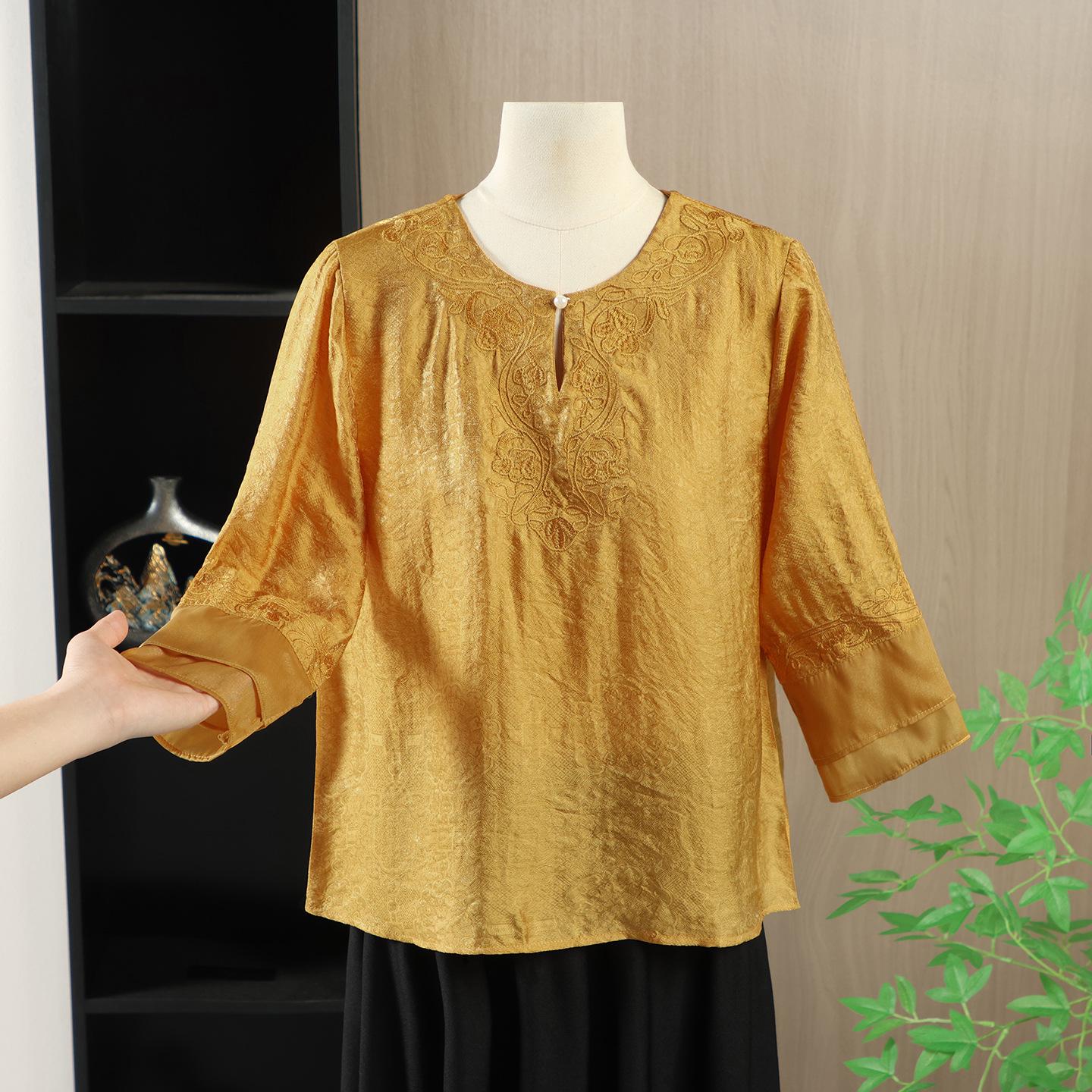 Women s New Summer Embroidered Jacquard Three-Quarter Sleeve Top - Versatile Chinese Style L (105-120 jin)