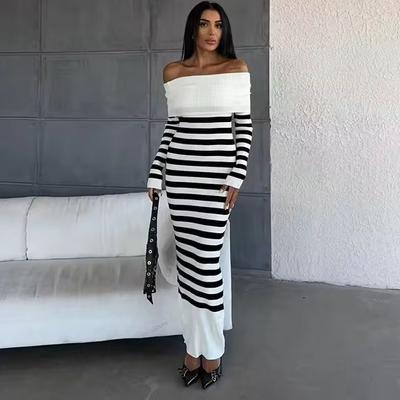Off Shoulder Falda Sexy Mujer Slash Neck Striped Color-block Slim Knitted Bodycon Dress Autumn Wrapped Dresses ChicDresses