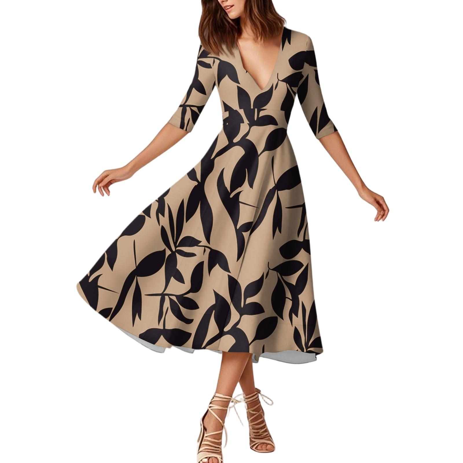 A Fashionable Mid-Sleeved Mid-Length Dress With Floral Prints And A Sexy V-Neck XL хаки
