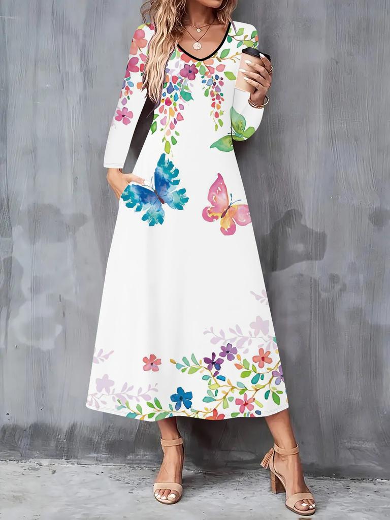 Outono e Inverno 2025 Novo Vestido Casual Feminino da Moda Estampa de Borboletas Voadoras 3D Manga Longa Decote em V Vestidos A-Line