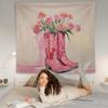 WNAGT Pink Western Tapestry Wall Hanging, Cowgirl Room Decor, Pastel Pink Floral Cowgirl Boots Western Wall Blanket Decor for Girls Bedroom Dorm