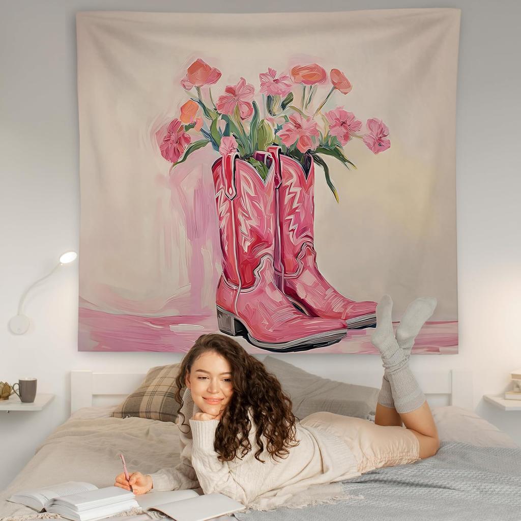 WNAGT Pink Western Tapestry Wall Hanging, Cowgirl Room Decor, Pastel Pink Floral Cowgirl Boots Western Wall Blanket Decor for Girls Bedroom Dorm