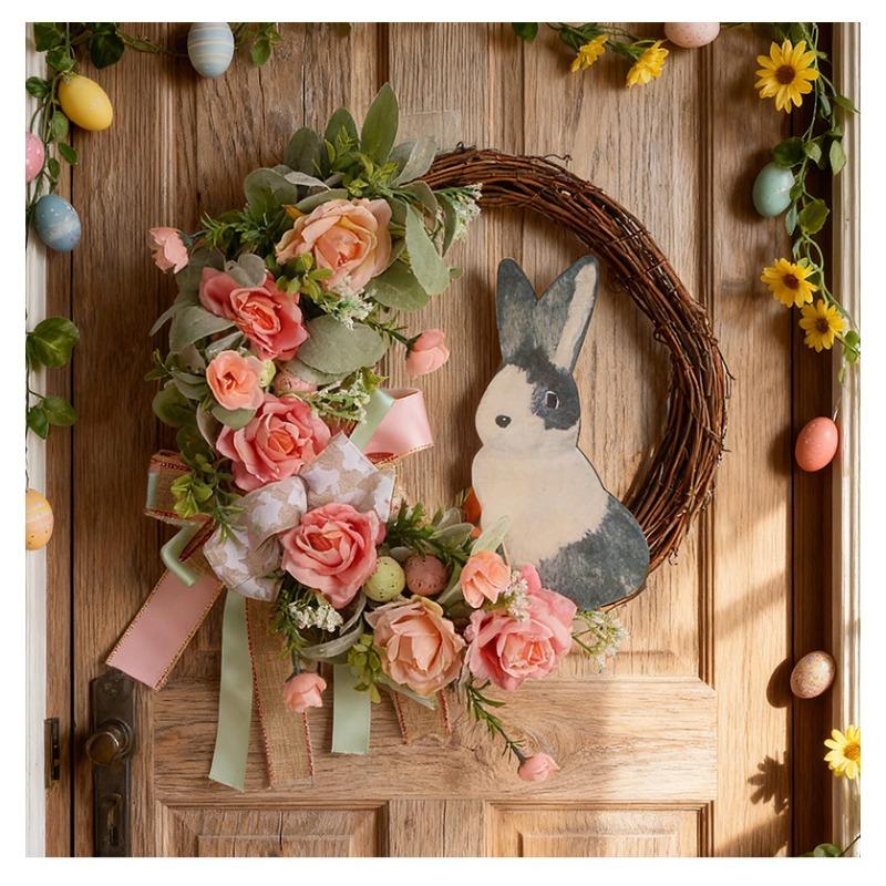 Easter Bunny Wreath With Ribbon | Artificial Plant Door Hanging Ornament for Home Party Decor, Polyester, Door Mount