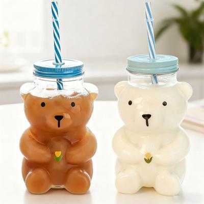 500ml Glass Cup with Straw Reusable Bear Bottle Food Grade Borosilicate Glass