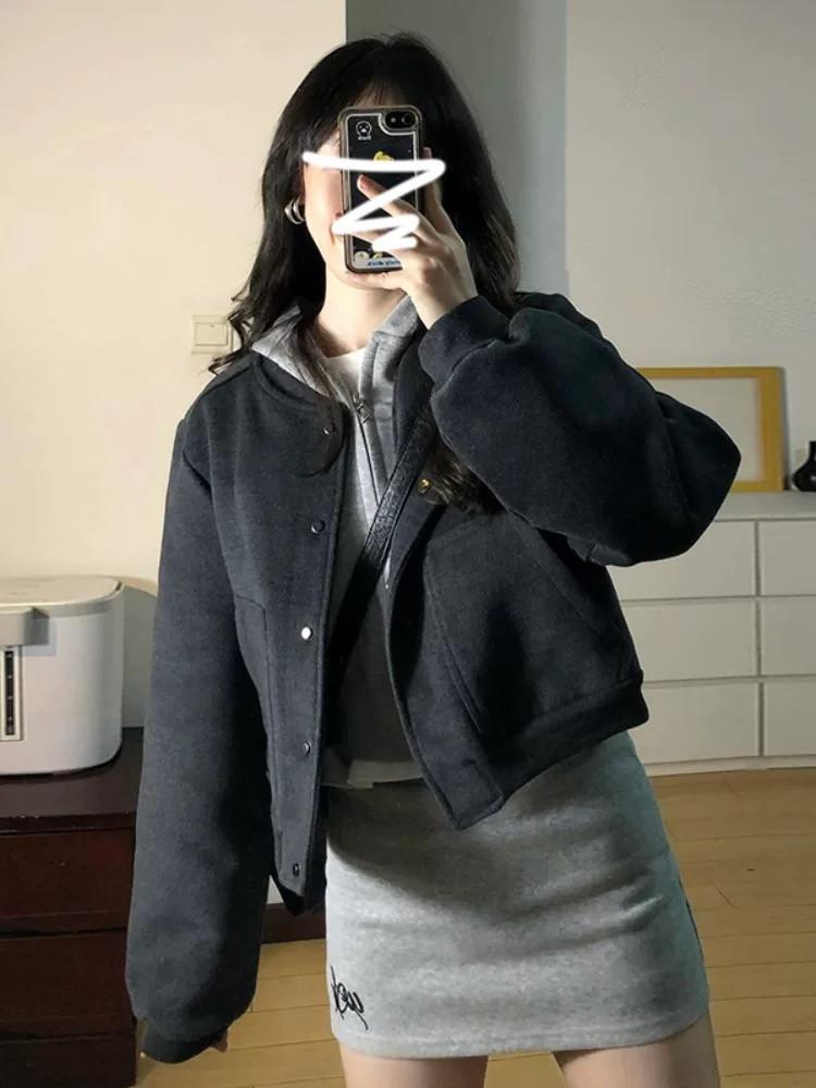 Women s Hooded Long Sleeve Bomber Jacket Loose Fit Korean Casual Cropped Coat Solid Color Patchwork Outerwear S