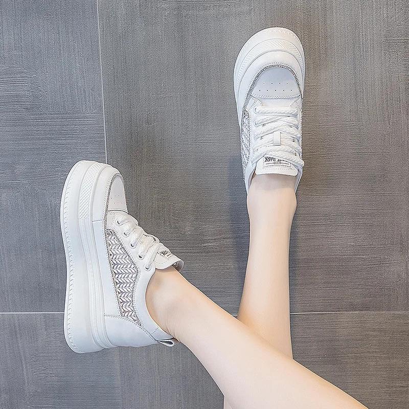 8cm Air Mesh Cow Genuine Leather Hidden Heels Women Platform Chunky Sneakers High Brand Shoes Vulcanize Summer Breathable