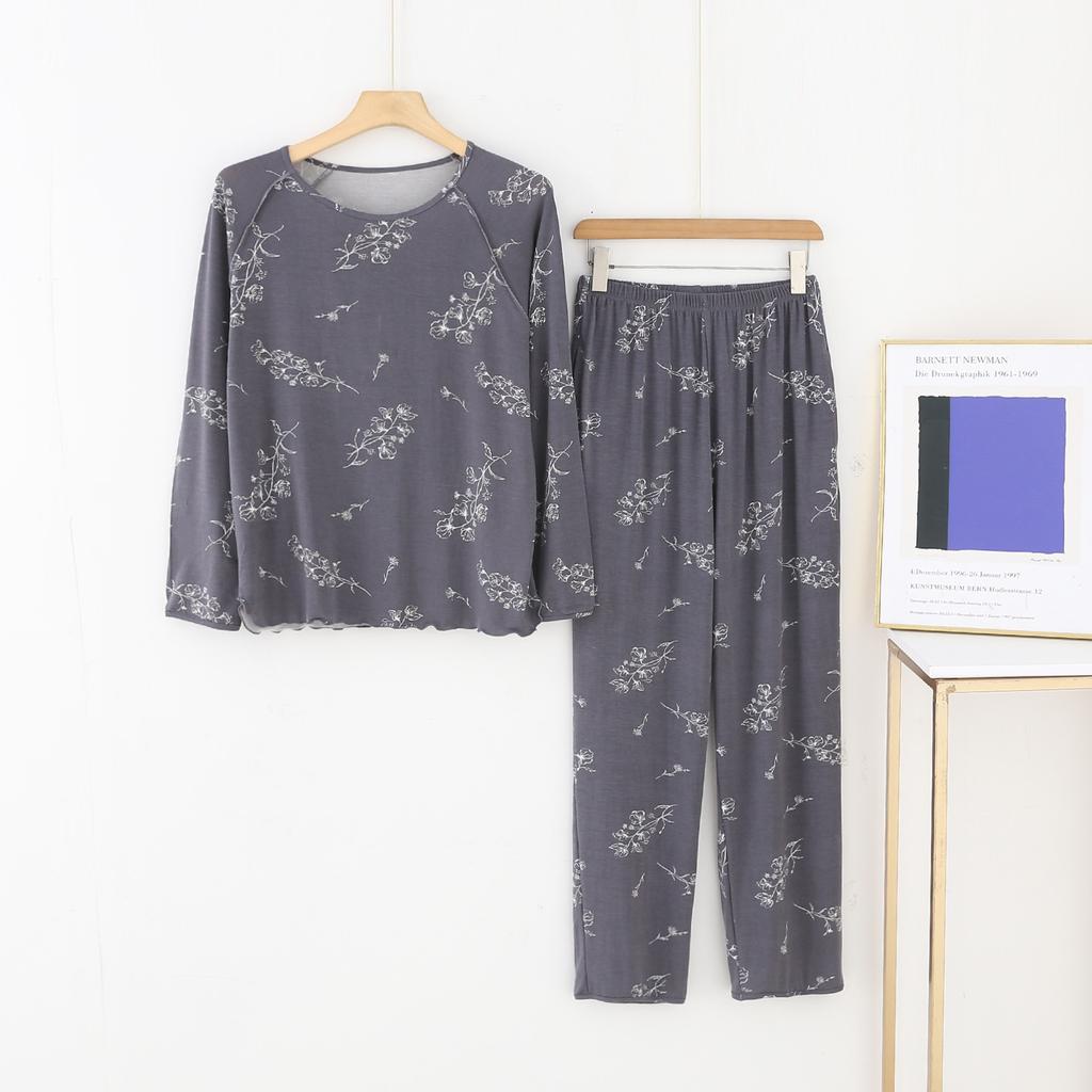 Solid Color Modal Women's Sleepwear Four Season Long Sleeved Pants Round Neck Pullover Home Suit Set with Fashionable Splicing