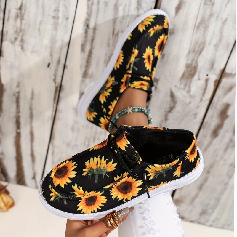 Ladies Casual Round Toe Slip-On Shoes Black, Breathable, Anti-Slip, Sunflower Pattern, Easy to Wear, Flat Heel, Fabric Upper, EVA Sole, Fabric Insole