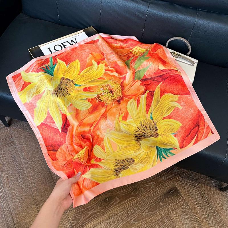 Fashion Black and White Printing Temperament Square Scarf Imitation Silk Korean Version Decorative Scarf Scarf Professional Decorative Shawl Silk Scar