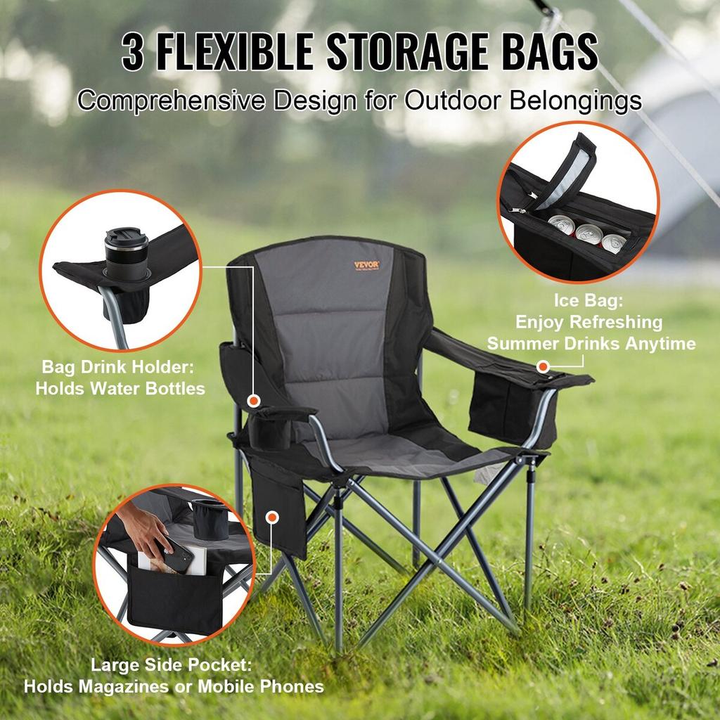 Camping Folding Chair for Adults, Portable Heavy Duty Outdoor Quad Lumbar Back Padded Arm Chairs with Side Pockets, Cup Holder and Cooler Bag for