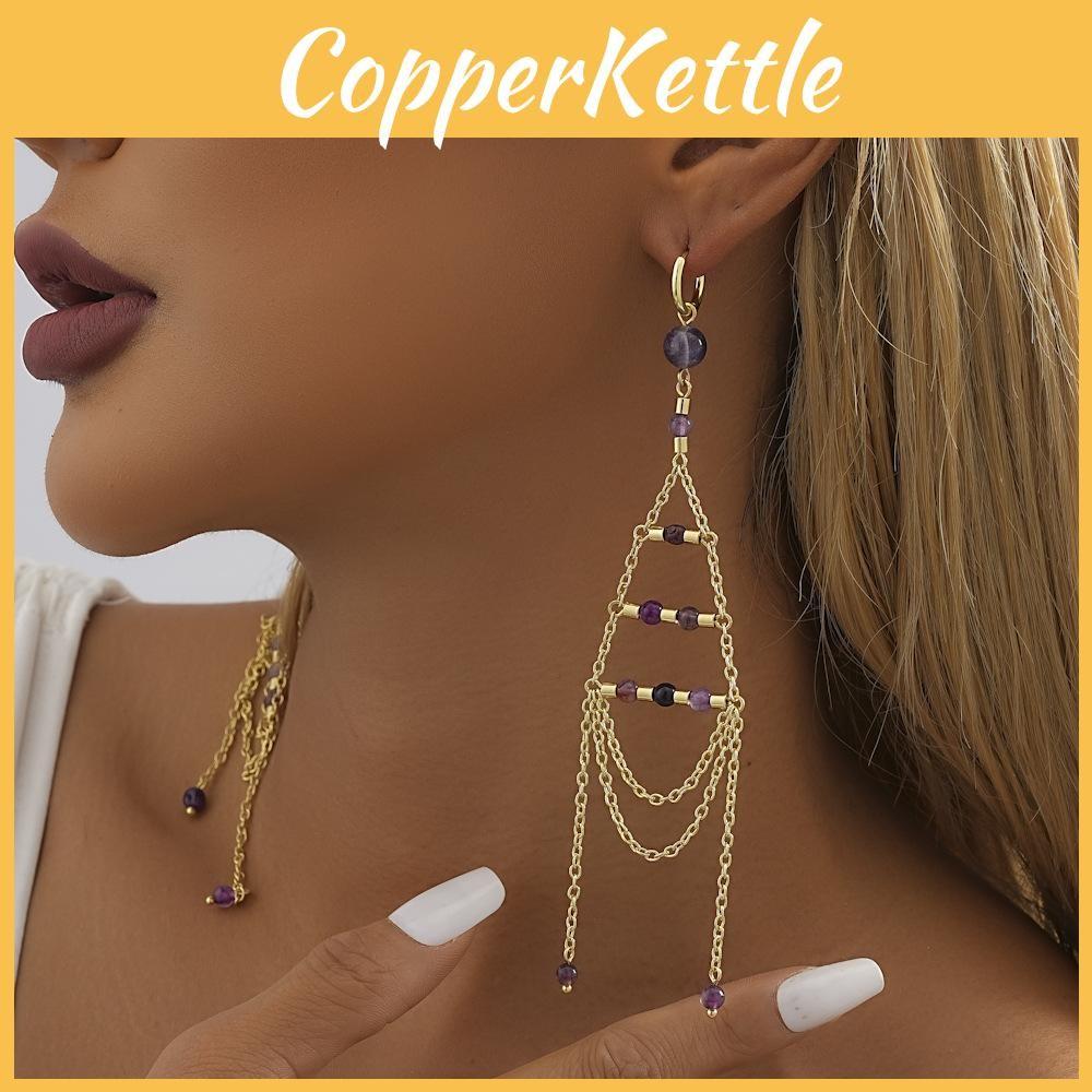 Stylish Modern Gold Chain Earrings With Purple Crystal Design Geometric