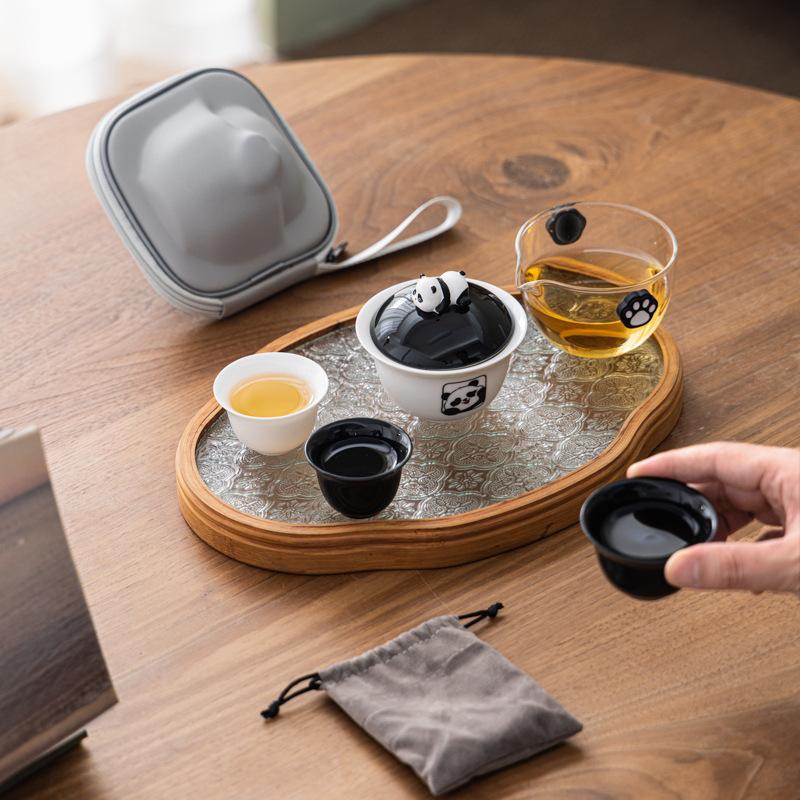 Cute panda small gift for customers, portable travel tea set, express cup business souvenir