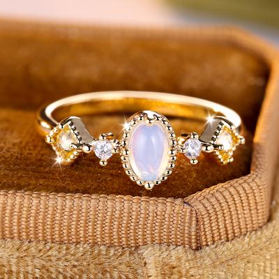 Oval Simulated Opal Rings for Women Temperament Bridal Wedding Rings Shiny Gold Color CZ Fashion Jewelry