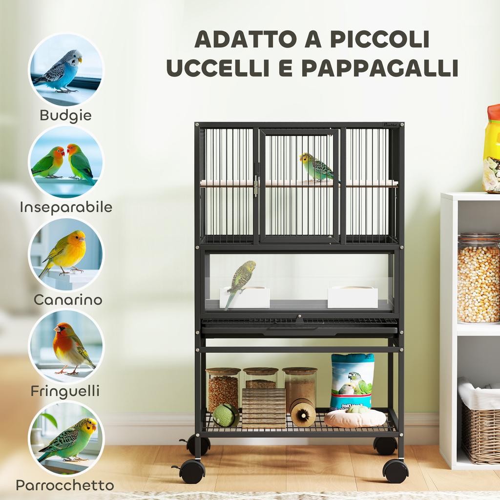 Bird Cage with Bottom Shelf, Removable Tray and Grid, Steel and PP, 48x46x83 cm, Black