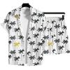 Modisches Herren Sommer Urlaubsstil Hawaiianische Kokosnuss Strand Aufdruck Lässiger Komfort Kurzarmhemd Strandshorts 2-teiliges Set