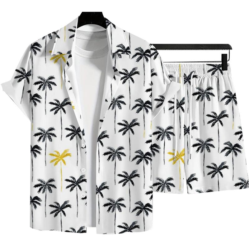 

Fashion Men s Summer Holiday Style Hawaiian Coconut Beach Printed Casual Comfort Short Sleeved Shirt Beach Shorts 2-piece Set 3XL