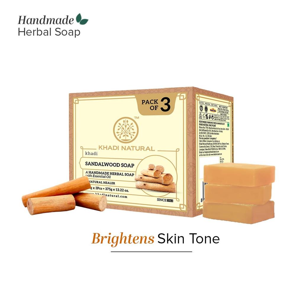 Khadi Natural Sandalwood Bath Soap Bar With Essential Oils For Smooth Soft Skin Gentle Daily Cleansing Pack Of 1 (125g x 3 pcs)