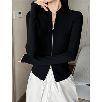 Women's Slim Fit Double Zipper Stand Collar Long Sleeve Retro T-Shirt