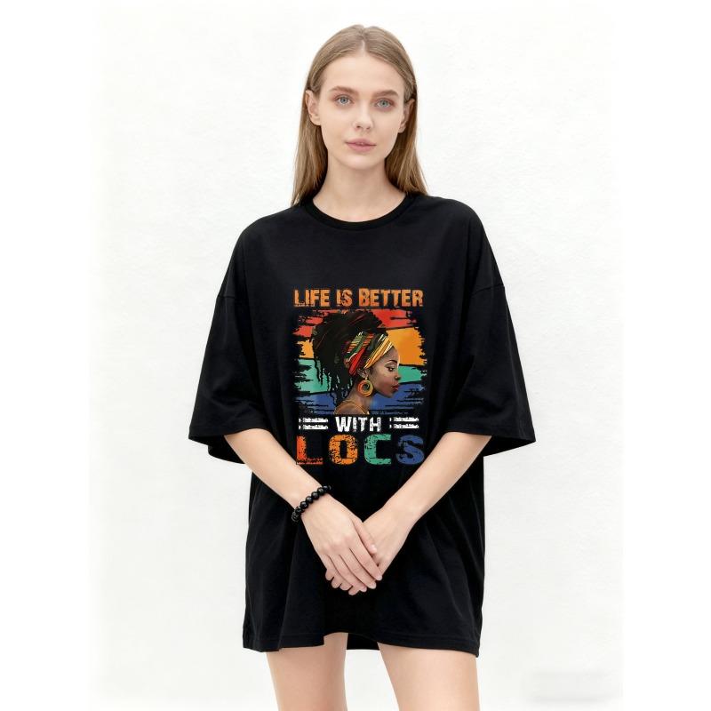 Nadměrné Tričko Černé S Locs Potisk Africké Ženy Ležérní Oblečení Pro Ženy Streetwear Módní Vrchol