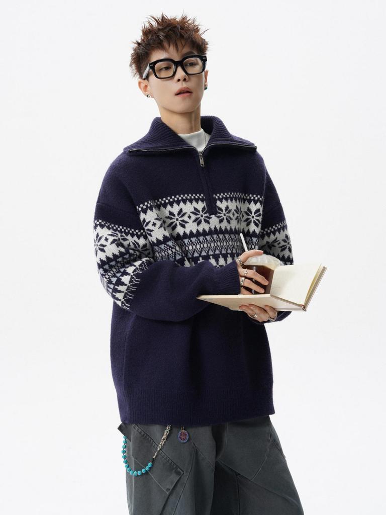 Pull Cardigan Homme Jacquard Fair Isle Fermeture Éclair Demi-Zip Col Montant Noël