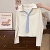 Korean Design Tie POLO Long-sleeved T-shirt Women's Spring and Autumn College Style Slim-fitting Embroidered Plaid Shoulder Short Top