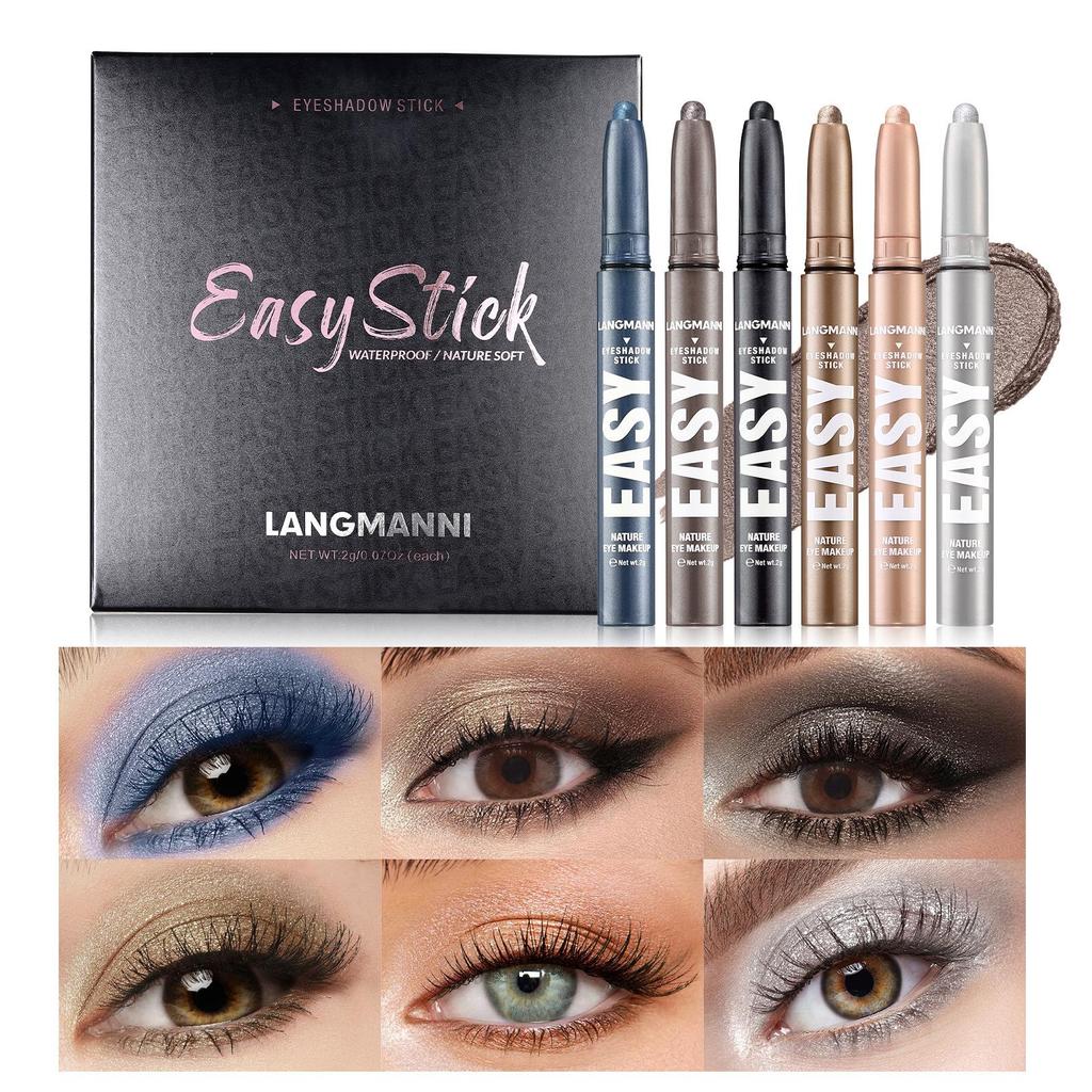 6pcs/set Pearlescent Matte Eyeshadow Stick Set Eyeshadow Pencil Shimmer Pearly Glitter Finish Multicoloured Smudge Proof Eyeshadow Pen Make-Up Stick