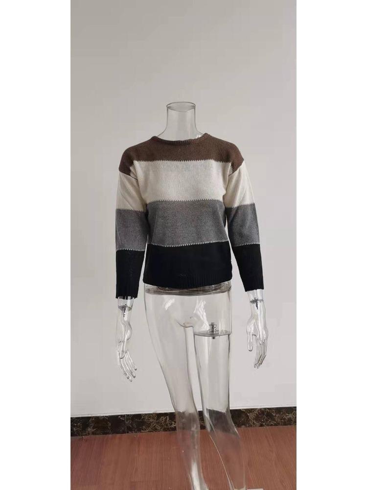 Women Casual Striped Knit Sweater Long Sleeve Round Neck Pullover Autumn Winter