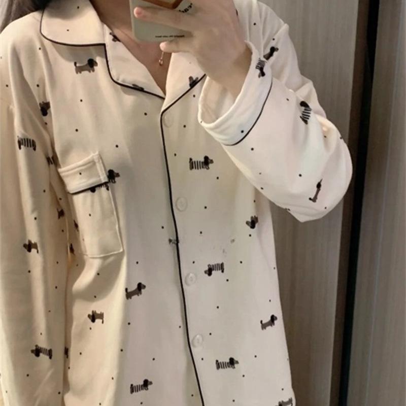 "Cute Dog Dachshund" ins cartoon spring and autumn striped pajamas women's cardigan long-sleeved loungewear autumn and winter suit