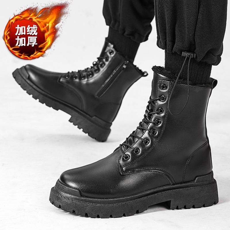 Men's Boots Outdoor Waterproof Leather Boot Classic Black High Top Boot Plush Warm Winter Boots Fashion Motorcycle Boots for Men