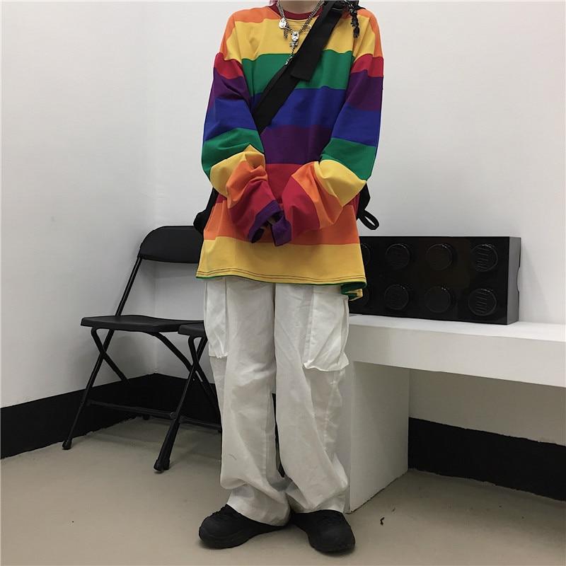 Scione Rainbow Striped Women T Shirts Harajuku Female Tops Long Sleeves Oversize O-Neck Casual T-shirts