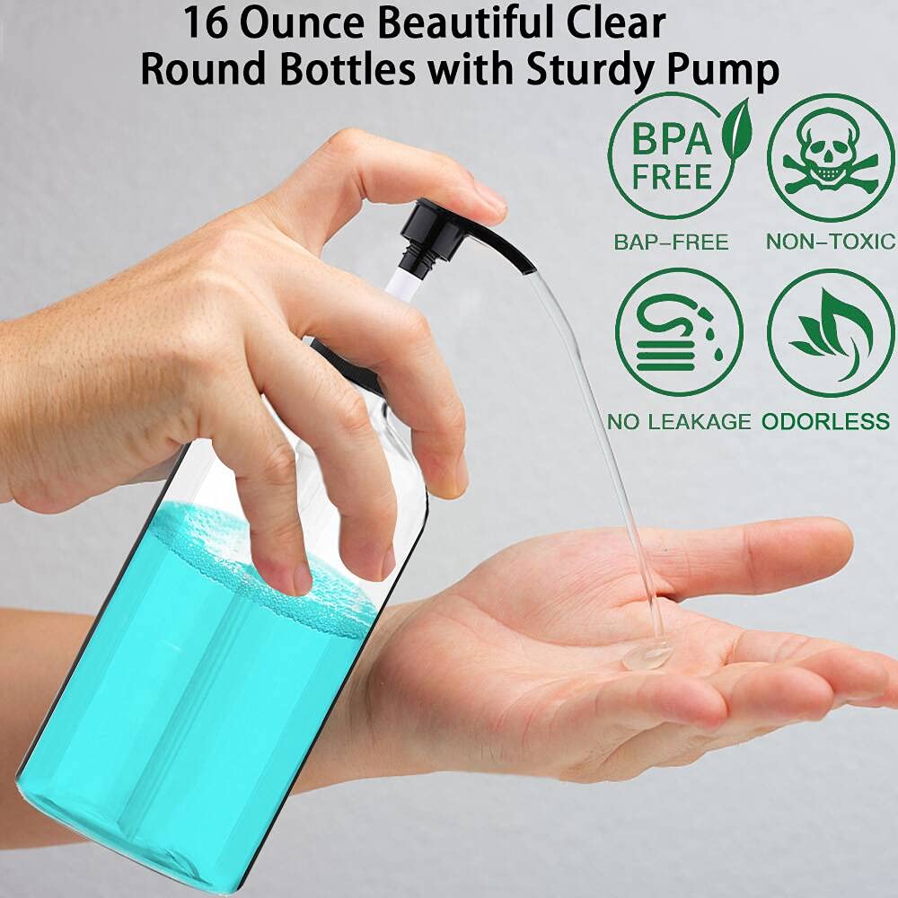 Empty Plastic Pump Bottles Dispenser 16oz/500ml Portable Clear BPA-Free Cylinder Shampoo Lotion Hand Pump Bottle Durable