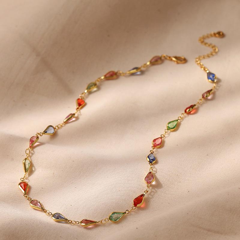 Gold Plated Multi-Color Teardrop CZ Station Necklace