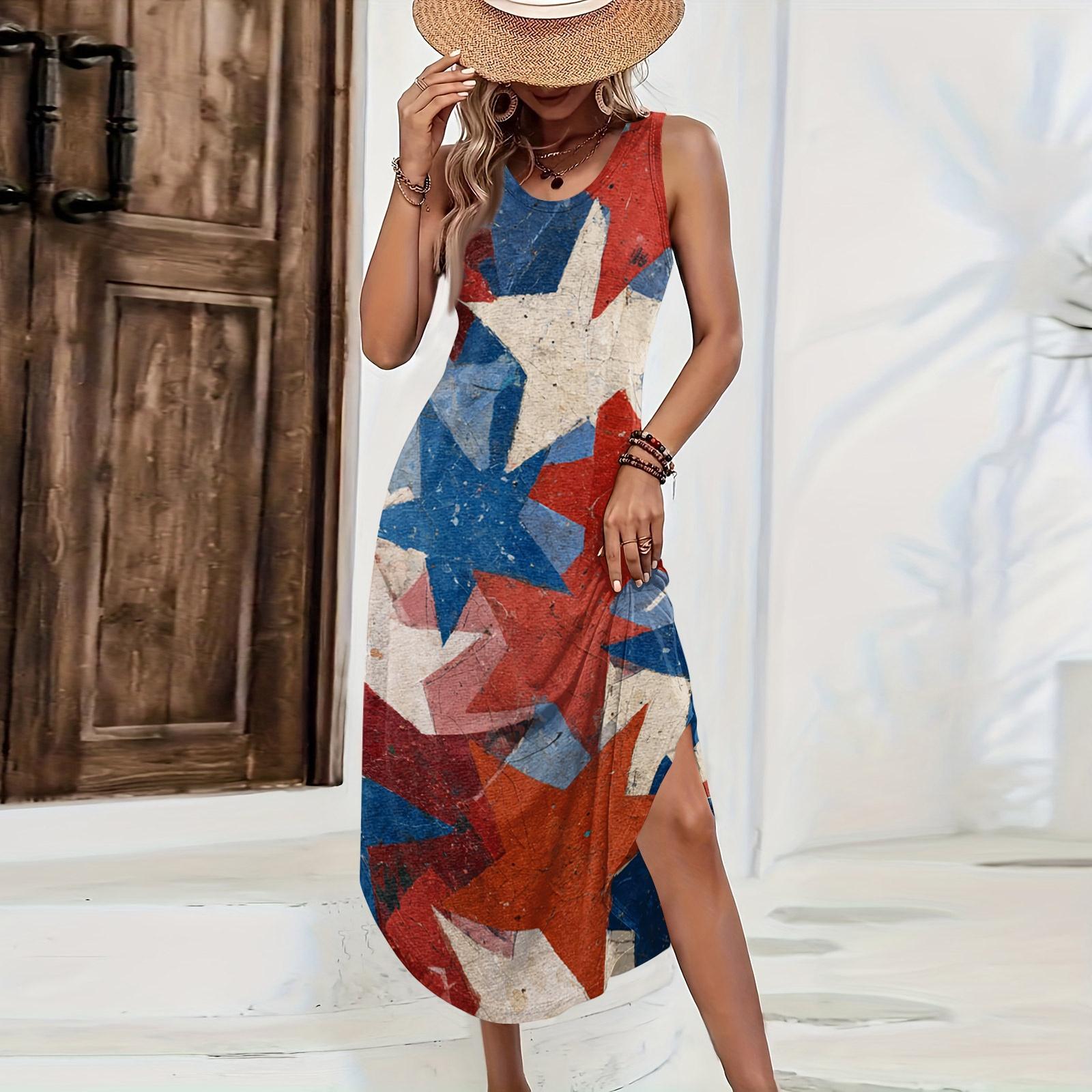 

Women s Sleeveless Casual Loose Fit Long Dress with Star Print Side Slit Summer Beach Maxi Dress for Daily Wear XS червоний