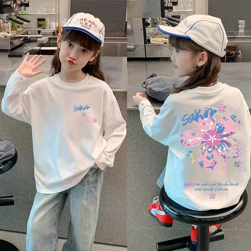 Korean Style Girls' Long Sleeve Cotton T-shirt - Autumn Loose Fit, Medium & Large Sizes, Stylish Base Layer Top