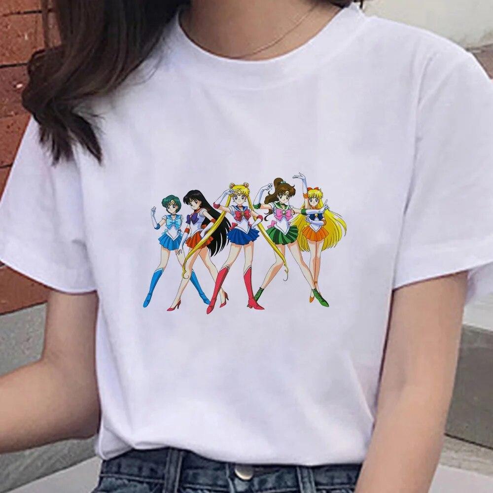 Cartoon Anime Sailor Graphic Moon Print 100 % Baumwolle T-Shirt Mode Goth Girl Kleidung Kurzarm Übergroßes Unisex Frauen T-Shirt Unisex