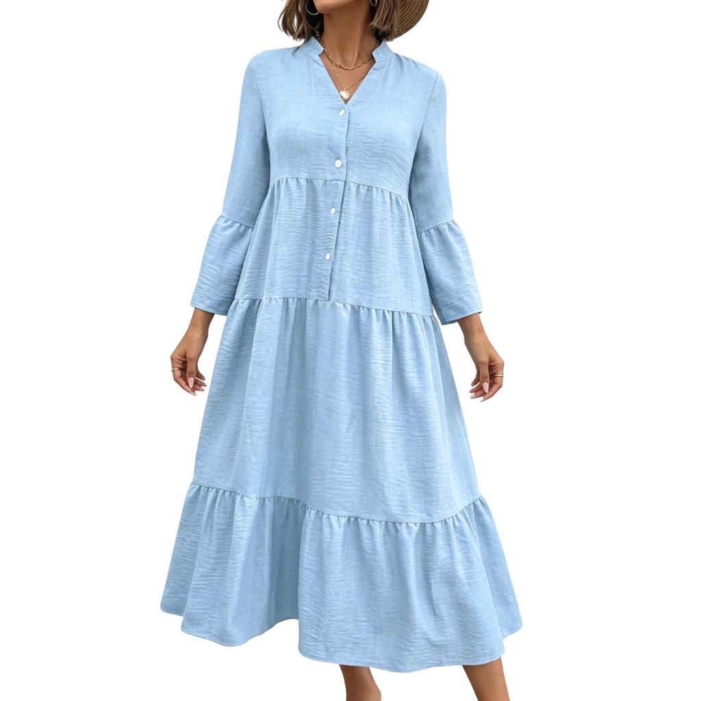 Damen Herbst Langarm Maxi Kleid V-Ausschnitt Aushöhlung Öse A-Linie Lang Lässig Partykleider