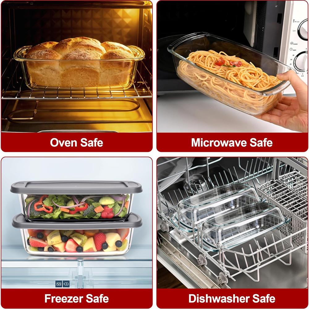 1800ML Glass Loaf Pan with Lids Meatloaf Pan Airtight Lids Grip Handle Easy Carry, Microwave and Oven Safe Loaf Pans for Baking