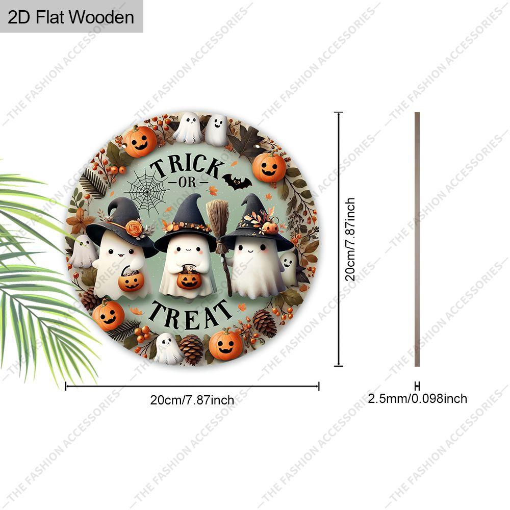 Trick Or Treat Cute Ghost Witch Hat Round Wooden Hanging Sign, 2D Flat Printed Halloween Front Door Decor, Pumpkin Spiderweb Fall Wall Ornament Gift