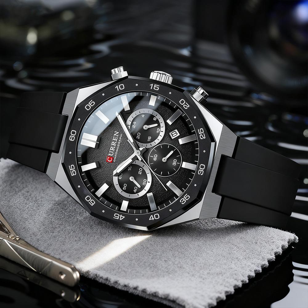 CURREN Men's Sports Chronograph Wristwatch with Black Silicone Band Auto Date Luminous Hands Quartz Watch for Men