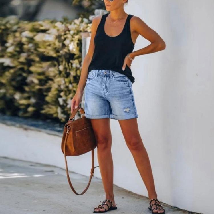 Pantaloncini Estivi Casual da Donna Streetwear Indie Taglie Forti Jeans di Cotone Vita Alta Gamba Larga Larghi Elastici Dritti