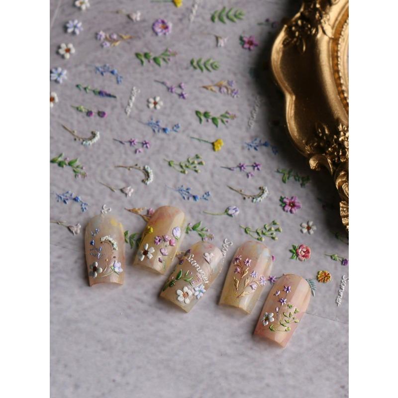 1pc Spring & Summer Floral Embossed Nail Art Stickers, 5D Adhesive Nail Decorations For Acrylic Nails, Women & Girls Nail Art Supplies