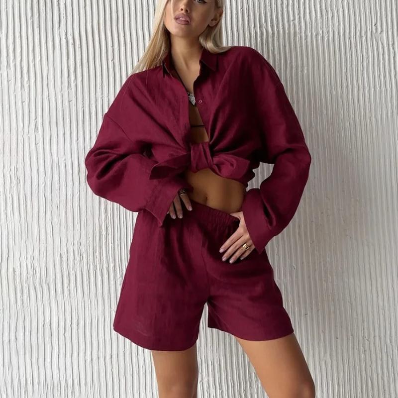 Women's Casual Shorts Sets 100% Cotton Solid Color Cozy Lapel Long Sleeve Shirt Summer Elastic Waist Shorts Suits
