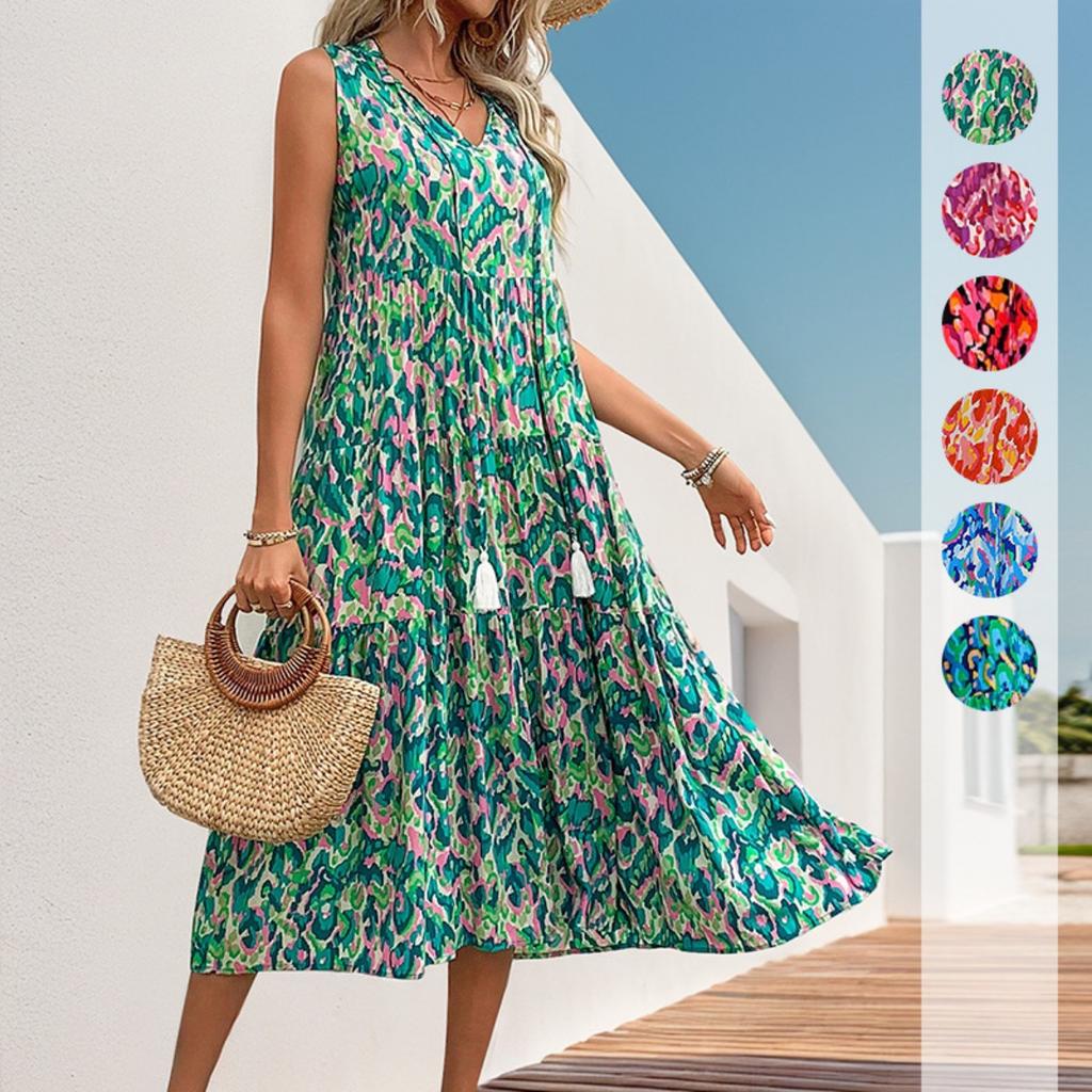 New European American Style Summer Abstract Print Midi Dress for Beach Vacation