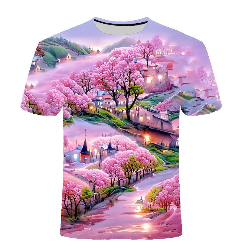 Verão Novo Topo Série Paisagem Quatro Estações Camiseta Casual Moderna de Manga Curta com Estampa 3D Moda Masculina e Feminina