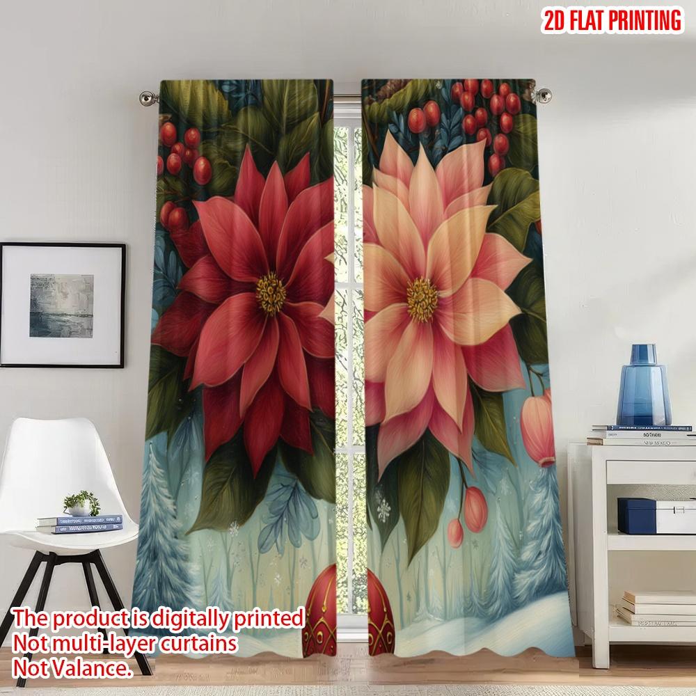 

Set Of 2 Flat Printing Christmas Party Curtains Poinsettia Berries Ornament Digital Printed Polyester Drapes Festive Made W100*H70(CM)-Rod Pocket&1PCS
