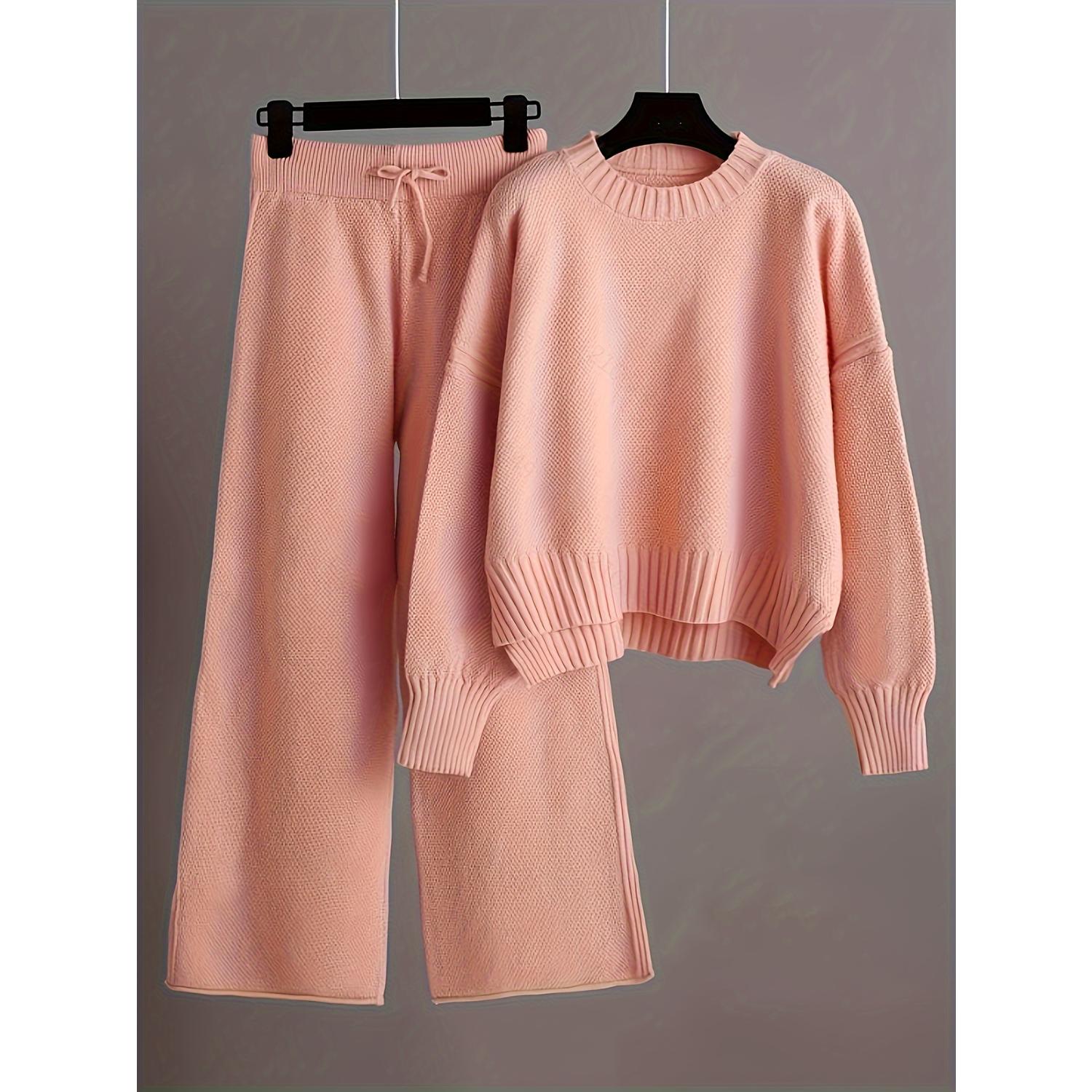 

Набір однотонних в’язаних штанів, светр з круглим вирізом і довгими рукавами, широкі брюки на талії та шнурок, жіночий одяг OneSize рожевий
